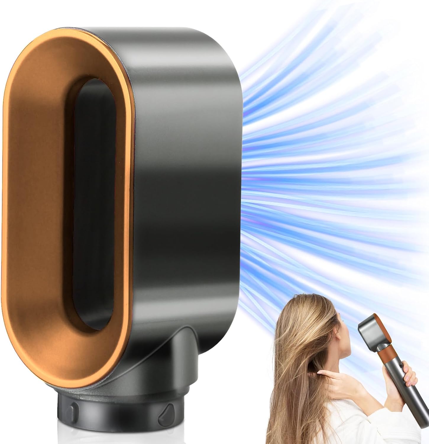 Liopif pre-styling dryer nozzle attachment front view showcasing the gold and grey color scheme