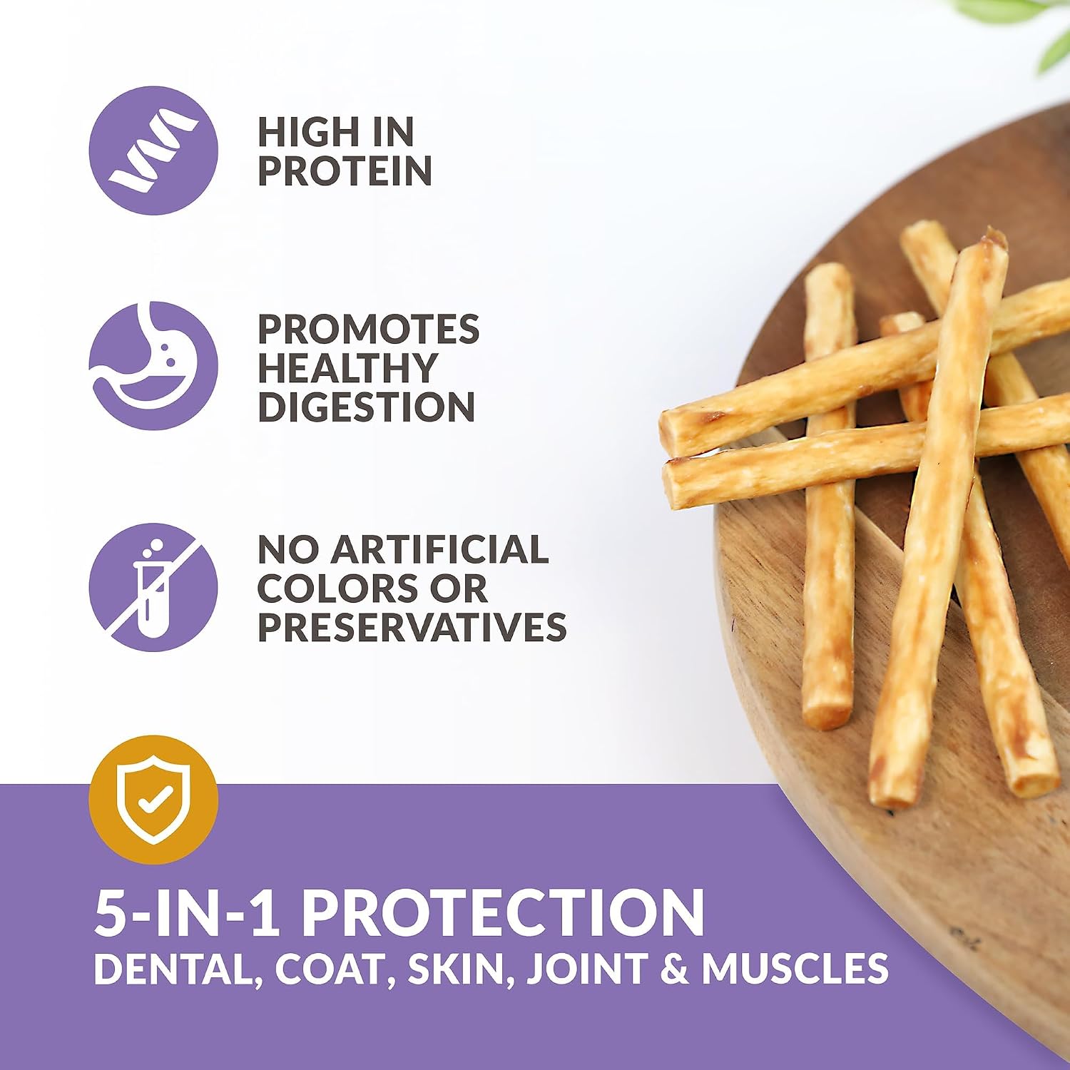 Close up of highly digestible rawhide free dog chews highlighting the duck flavor and beef collagen layer