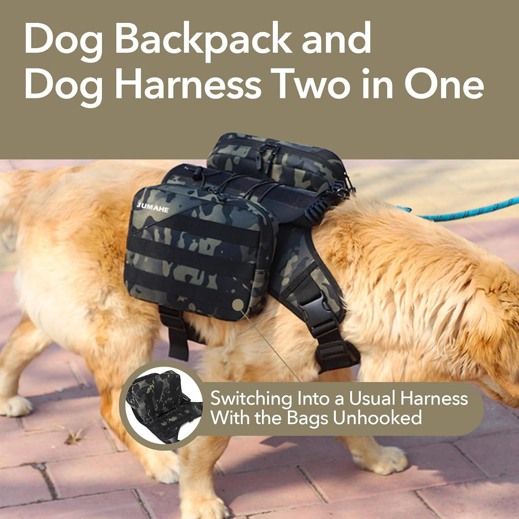 Side view of large breed dog carrying gear in the dual-sided hiking bags