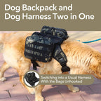 Side view of large breed dog carrying gear in the dual-sided hiking bags
