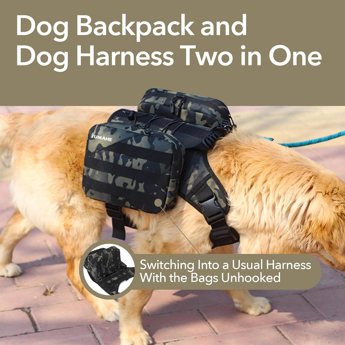 Side view of large breed dog carrying gear in the dual-sided hiking bags