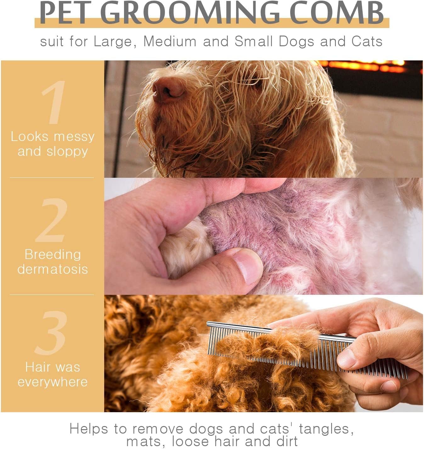 LOCANS professional dog comb removing tough knots and mats from a thick long-haired coat.