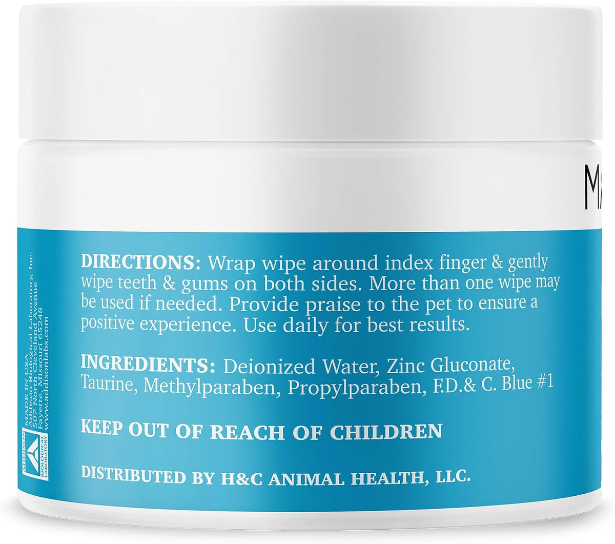 Maxi-Guard dental wipes blue and white container on white background