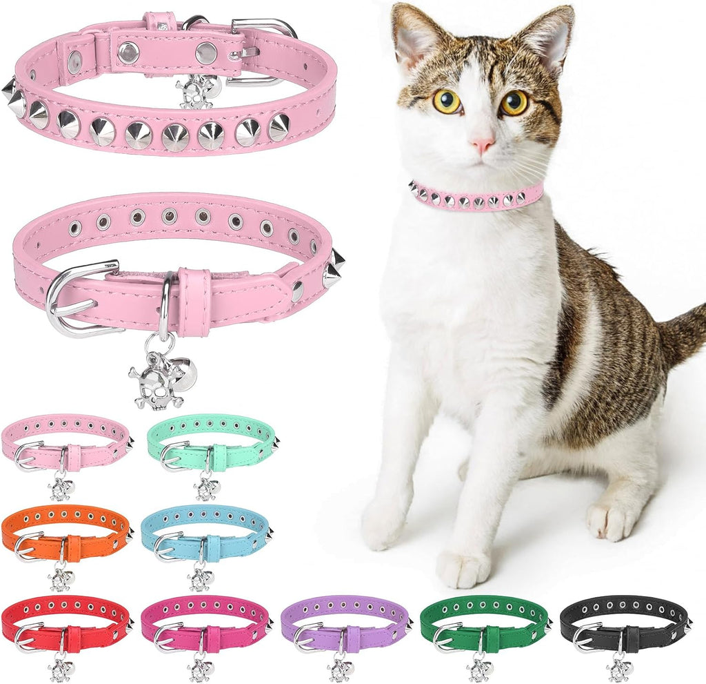 Leather Cat Collars for Boy Girl Cats with Bell and Safety Elastic Belt, Personalized Rivets Stud Adjustable Safe Buckle Collar with Skull Charm for Kitty Small Pets, Black 7"-9" - Image 13