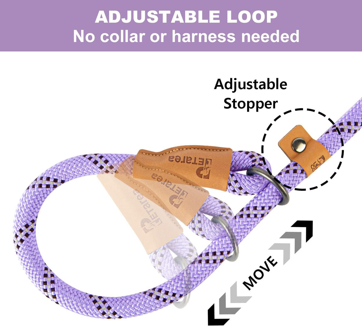 Petarea no pull dog leash loop mechanism designed for collarless walking.