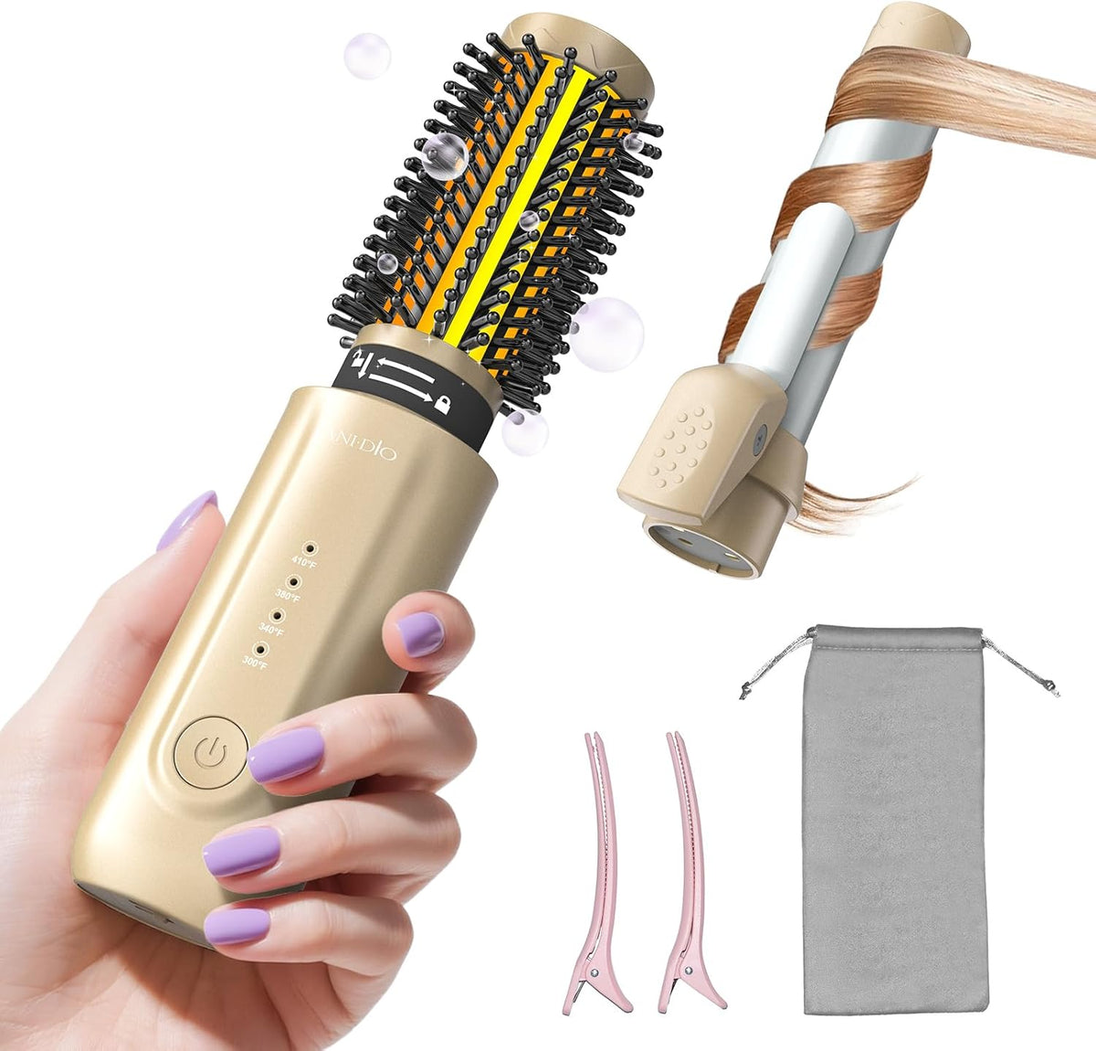 ANI·DIO Cordless Curling Iron Brush front view showing gold finish and power buttons.