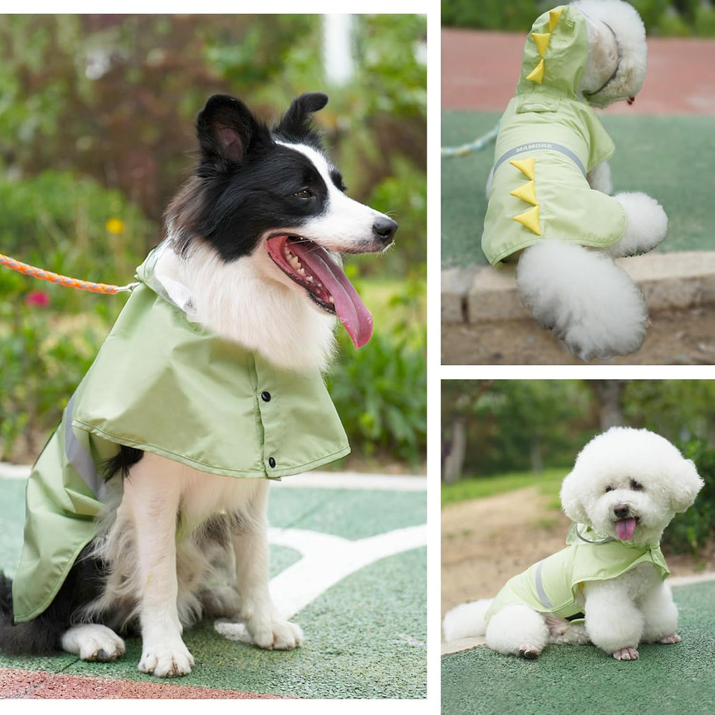 Adjustable belly straps on a green hooded dog rain jacket