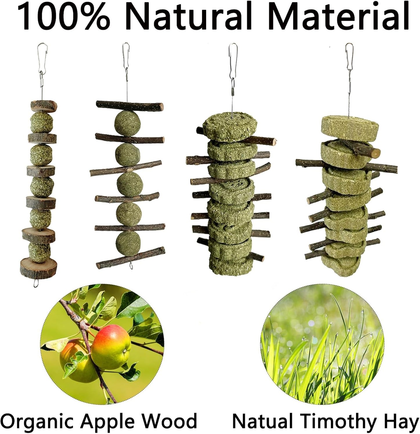 Four pieces of small pet dental grinding toys with metal hanging rings displayed.