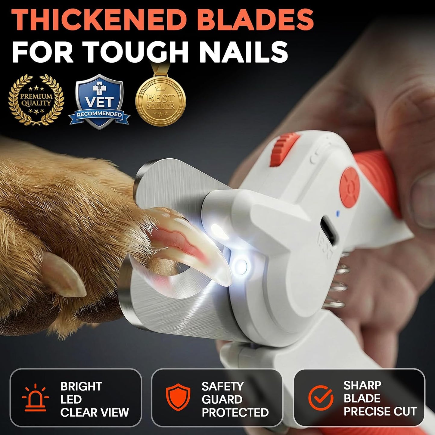 Catpick Care professional claw trimmer illuminating a pet nail using dual built-in LED lights