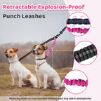 Night safety reflective stitching on fuchsia double dog lead attachment.