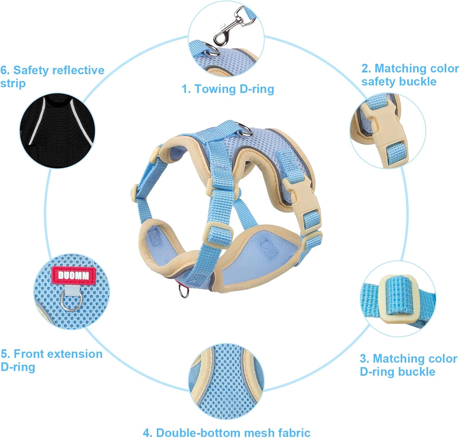 Adjustable blue breathable mesh cat vest harness with quick release buckles