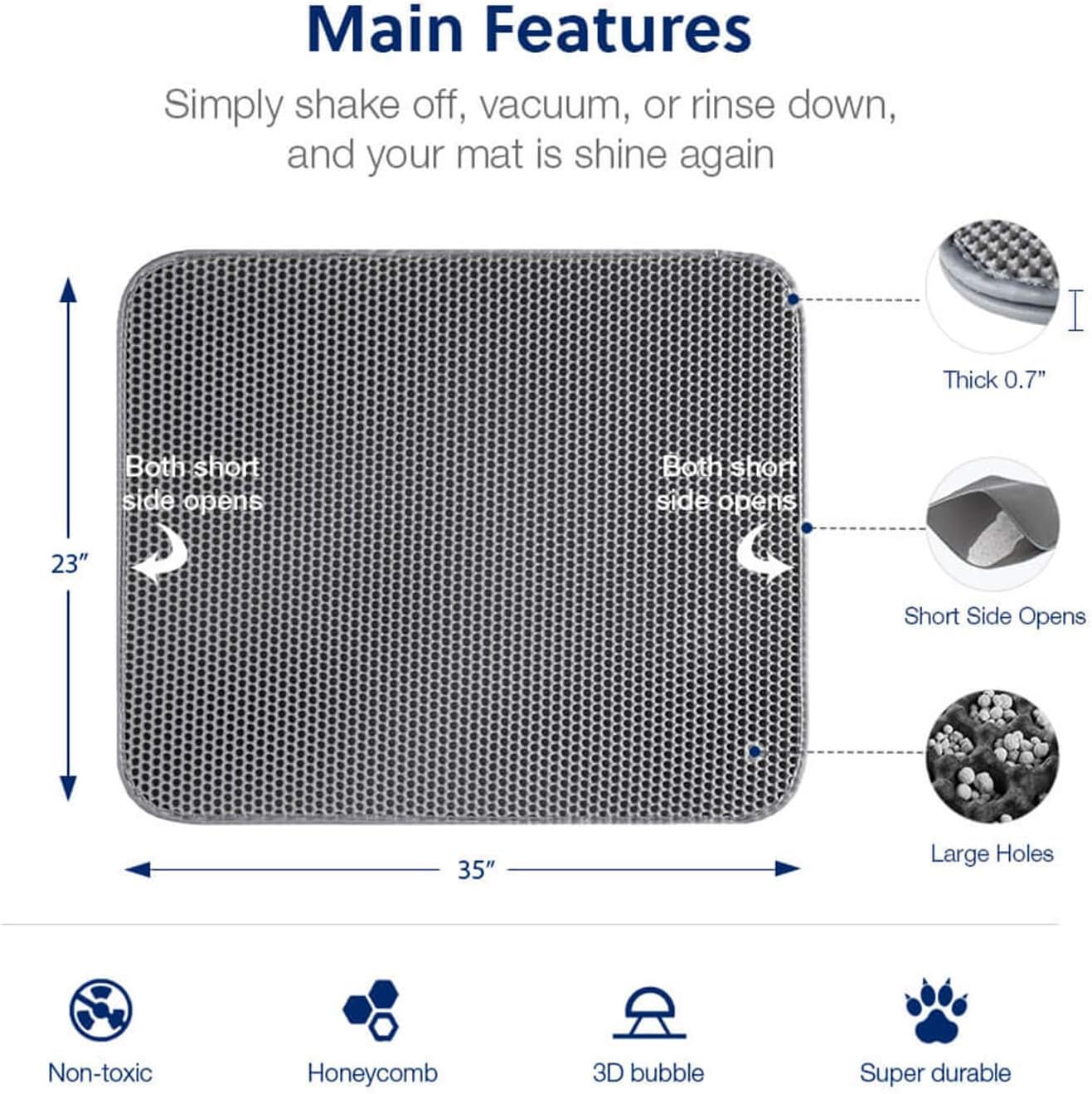 Close up view of the twelve millimeter three dimensional convex holes on the WePet litter trapping carpet.