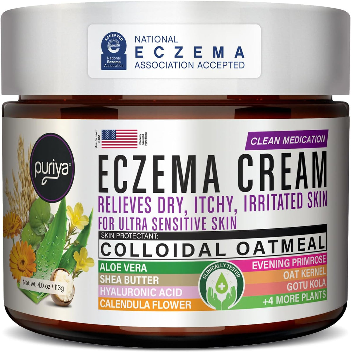 Puriya 5 in 1 Eczema Cream front view of the tub showing the main branding and colloidal oatmeal details