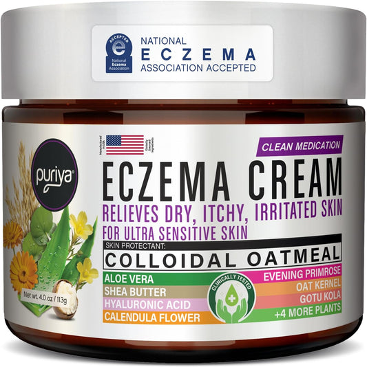 Puriya 5 in 1 Eczema Cream front view of the tub showing the main branding and colloidal oatmeal details