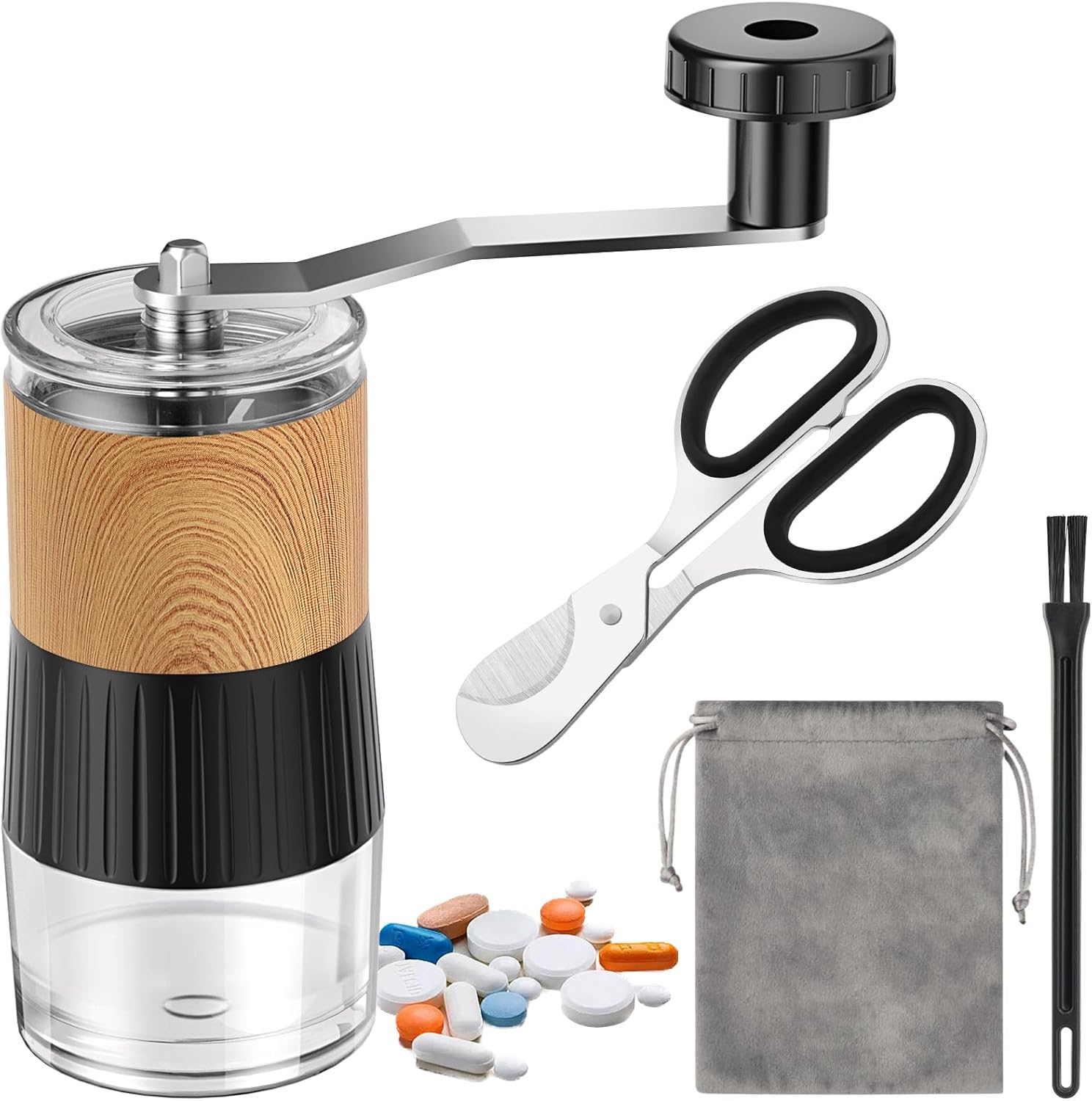 Feiorn small portable pill crusher grinder front view for elderly medication management.