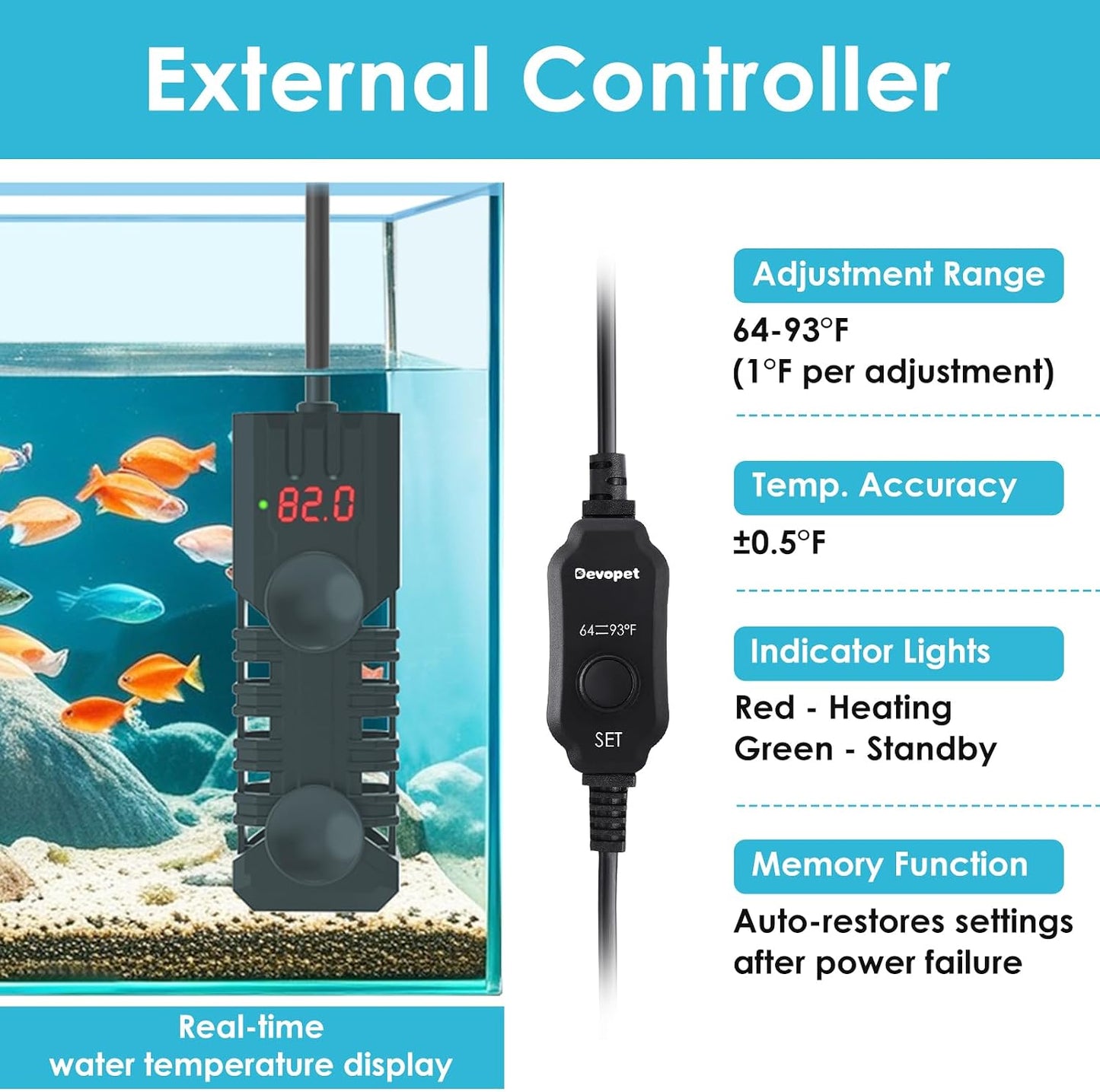 Devopet submersible fish tank heater external controller interface