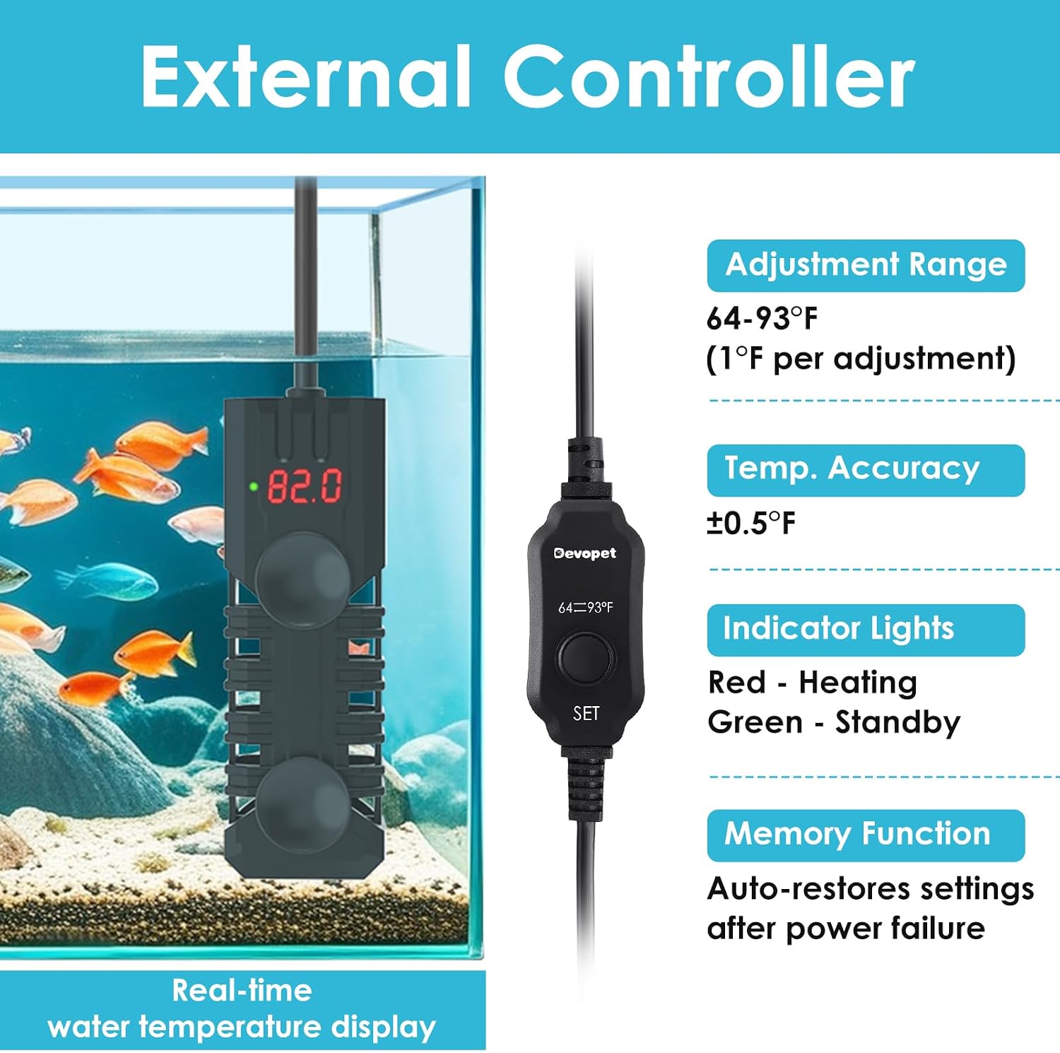 Devopet submersible fish tank heater external controller interface