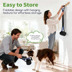 Blue bone shaped waste bag dispenser attachment with black plastic bags installed on Greatbond scoop handle