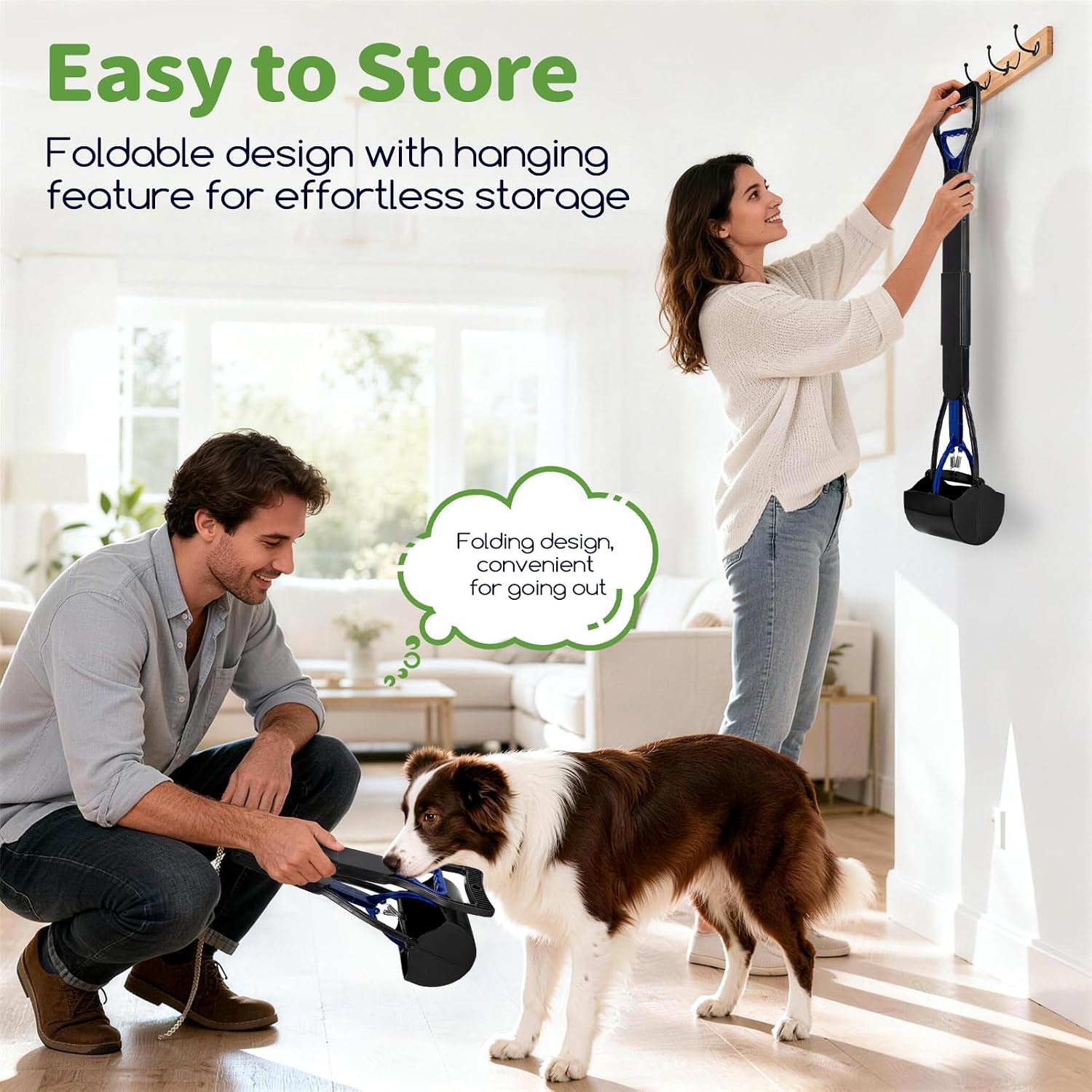 Blue bone shaped waste bag dispenser attachment with black plastic bags installed on Greatbond scoop handle