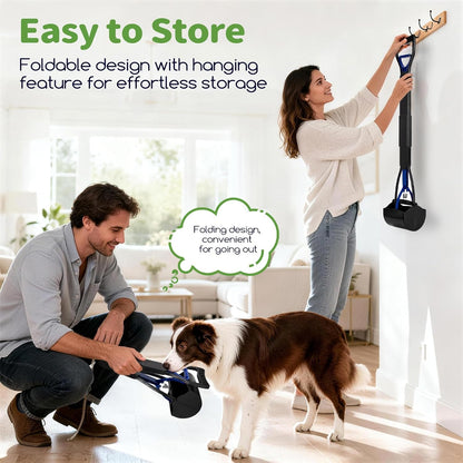 Blue bone shaped waste bag dispenser attachment with black plastic bags installed on Greatbond scoop handle