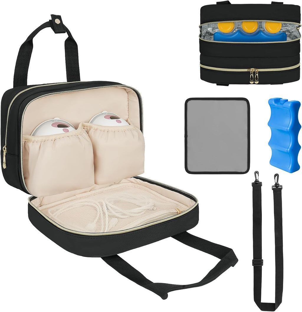 ZIOZERTT breastmilk cooler travel bag front view in black showing double layer zippers
