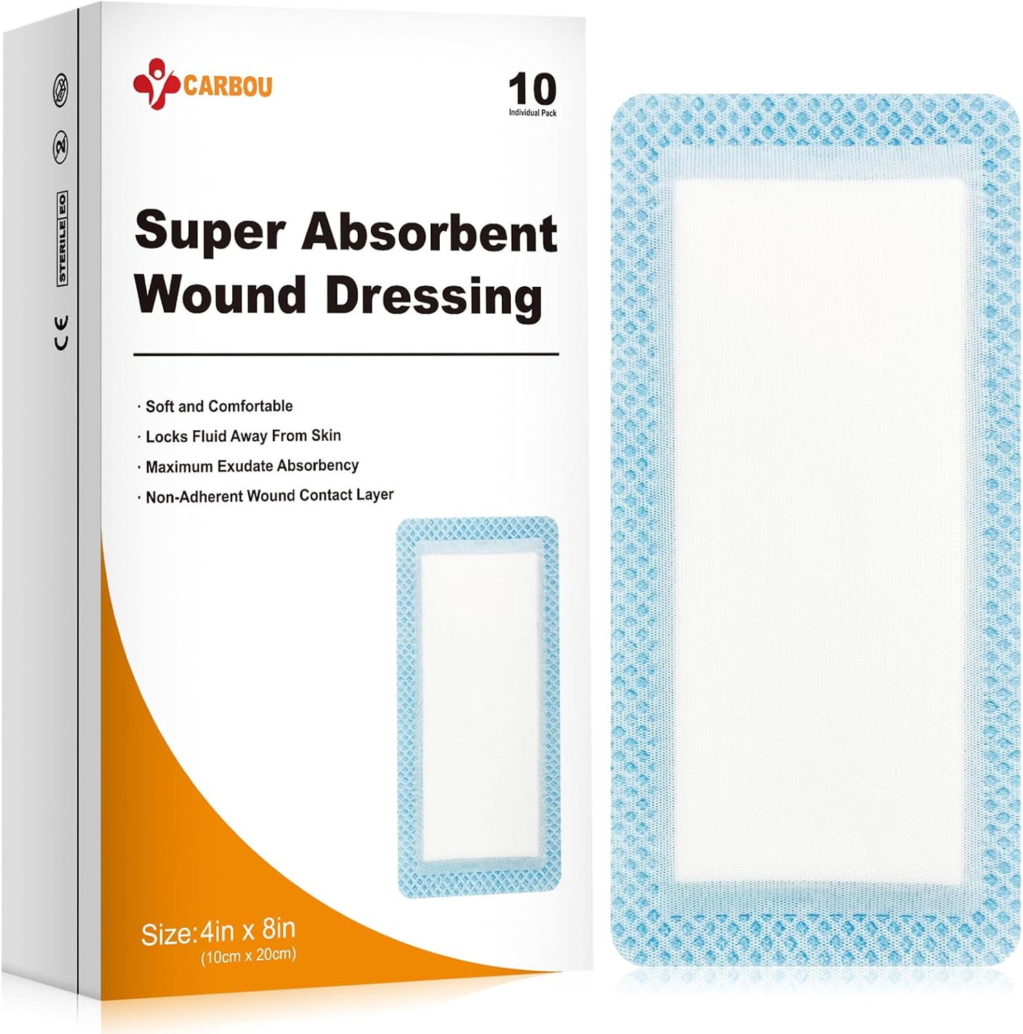 Carbou Super Absorbent Wound Dressing Pads 10 pack box front view showing sterile packaging.