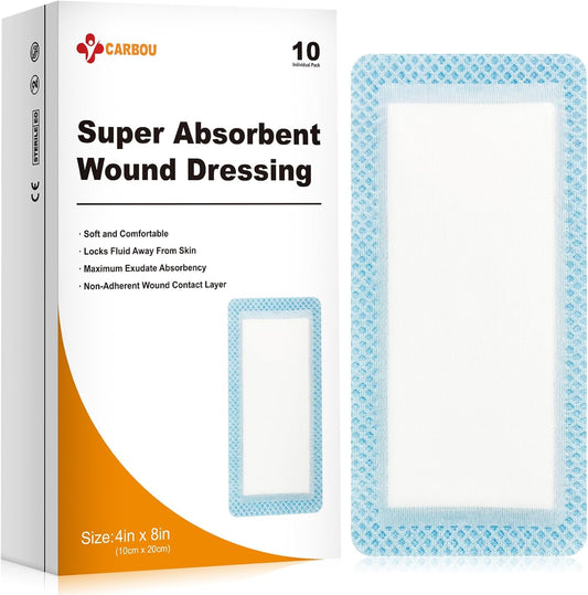 Carbou Super Absorbent Wound Dressing Pads 10 pack box front view showing sterile packaging.