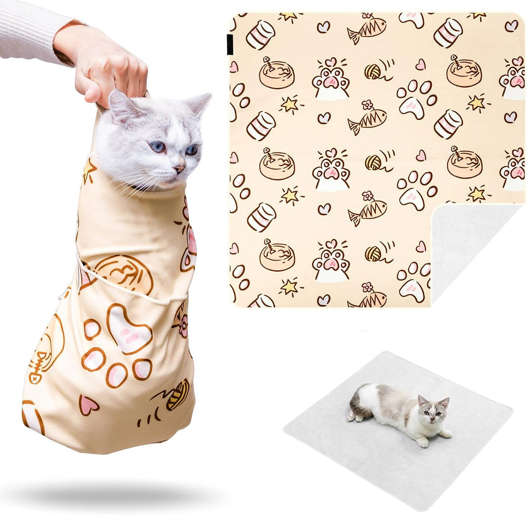 A small dog wrapped in the Kiorafoto self adhesive restraint blanket for ear cleaning