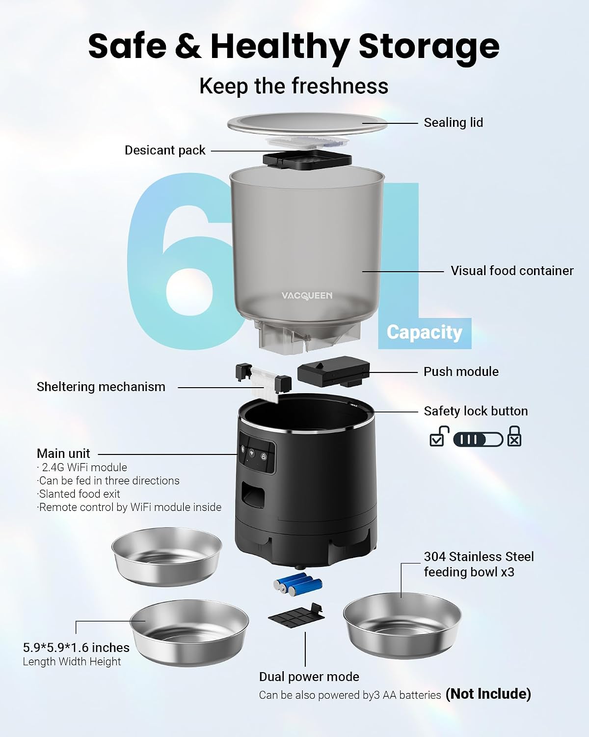 Vacqueen smart automated dog and cat food dispenser showing battery backup base