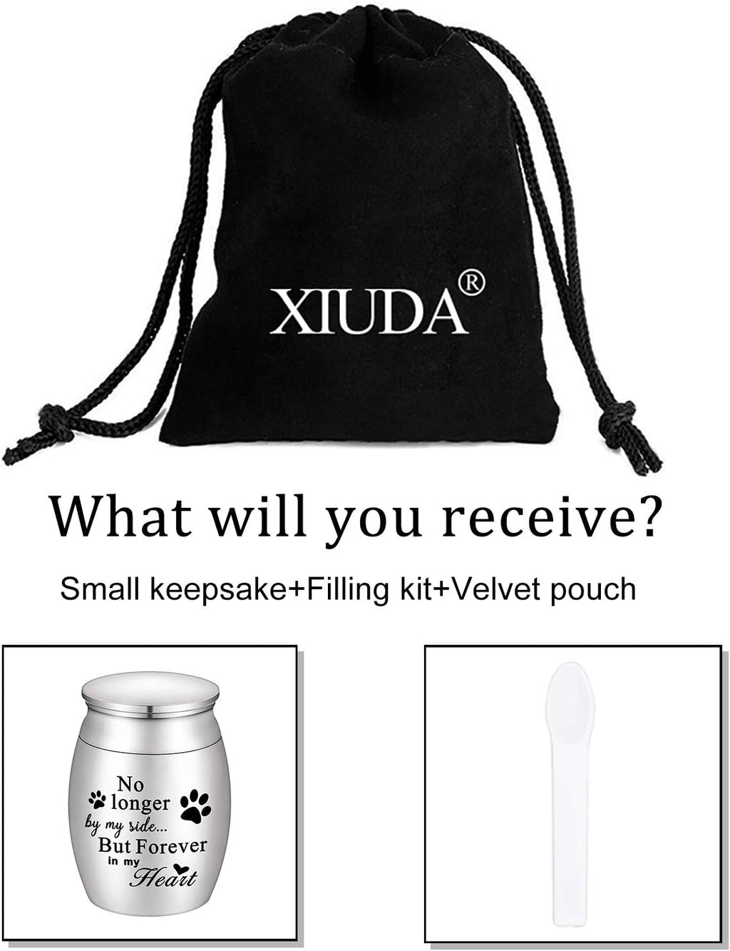Packaged presentation of the Xiuda pet memorial keepsake urn for dog and cat ashes.