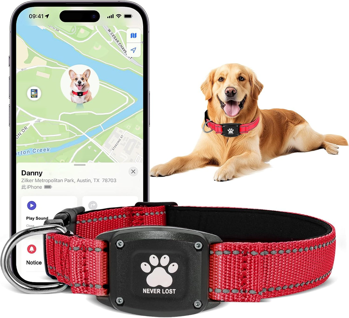 Myiwb GPS Dog Collar Tracker front view in vibrant red nylon