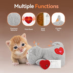 Calming gray kitten plush toy resting on a pet bed to demonstrate realistic sleep aid scale.