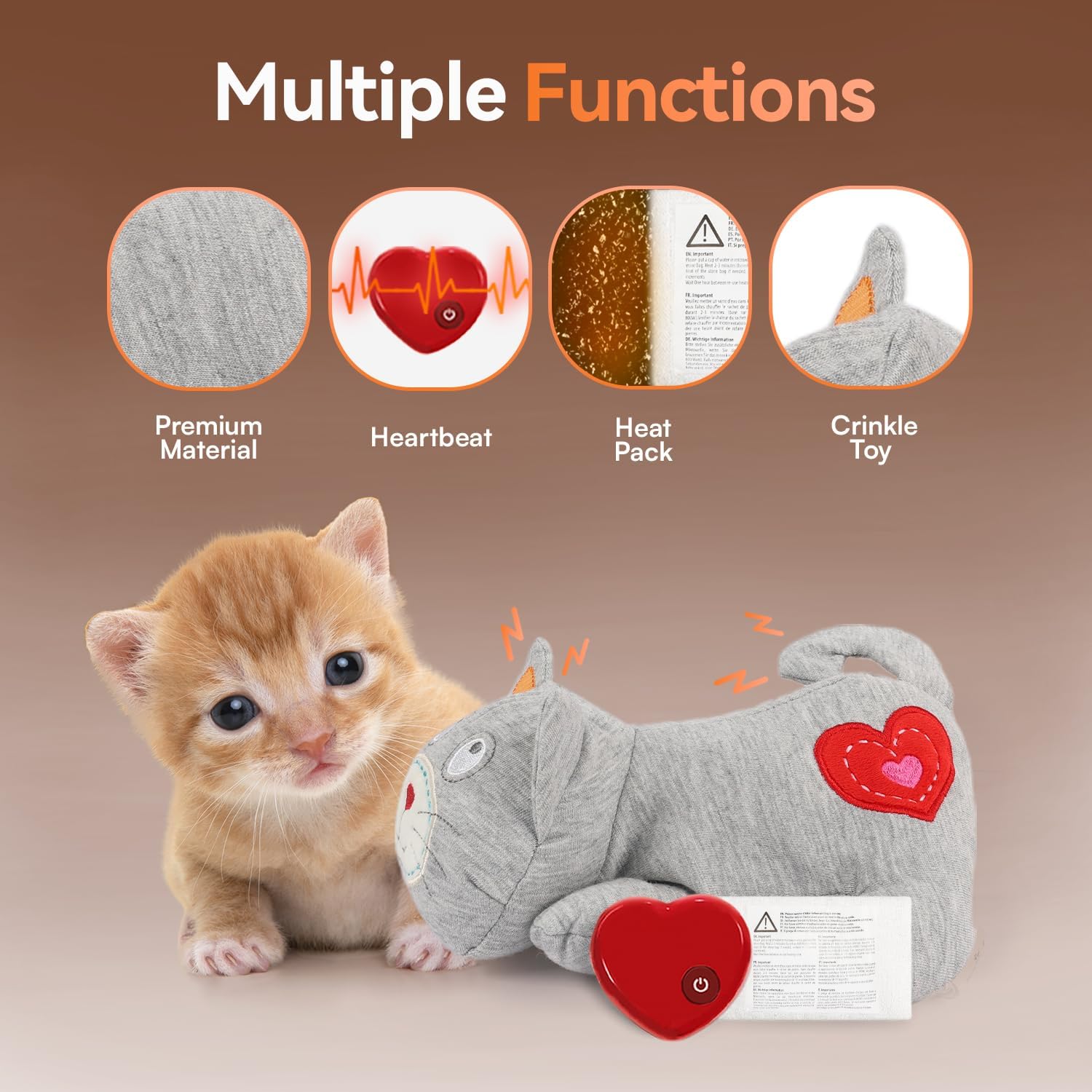 Calming gray kitten plush toy resting on a pet bed to demonstrate realistic sleep aid scale.