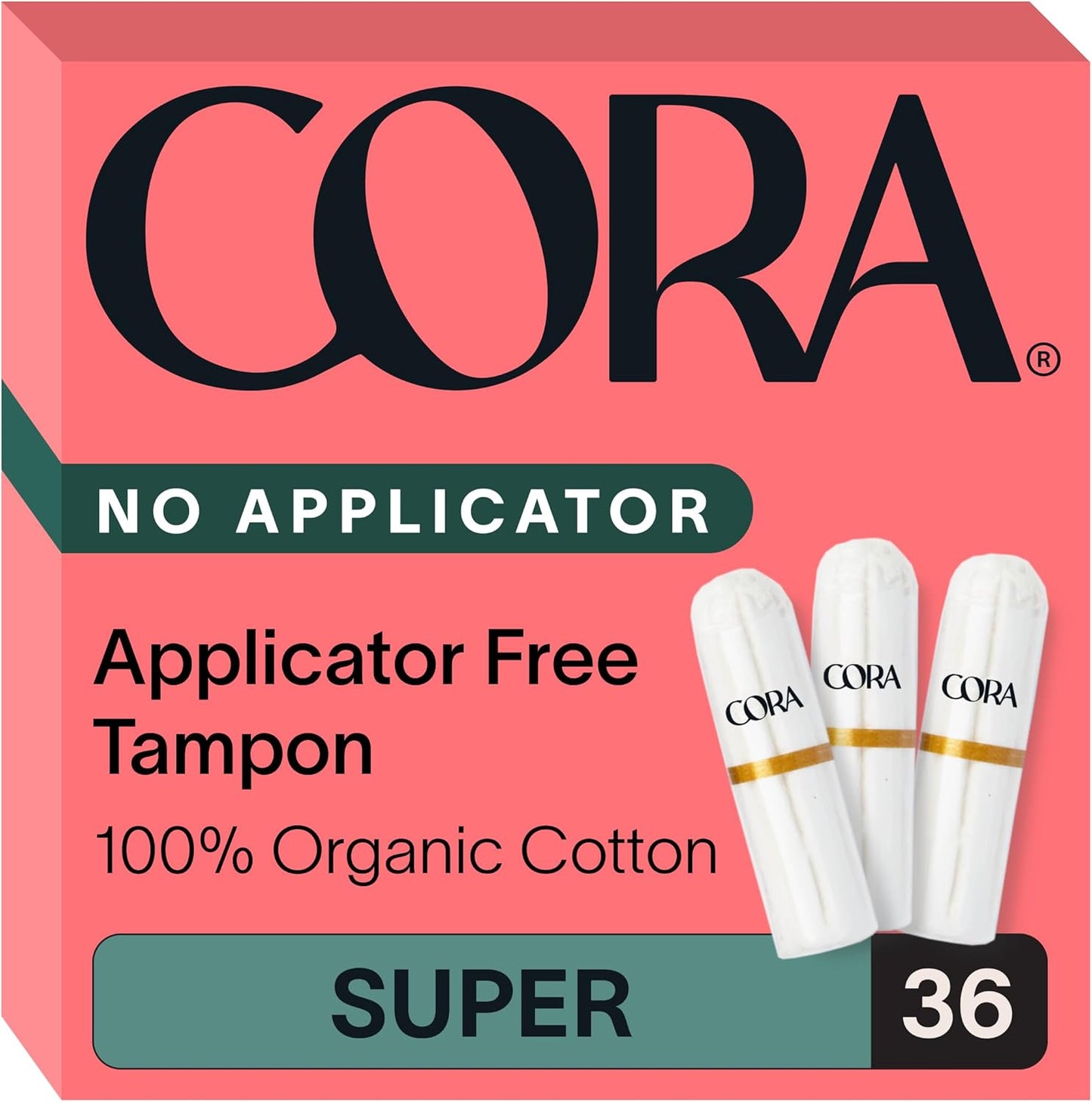 Cora Organic Non-Applicator Tampons 36 Super count front box view