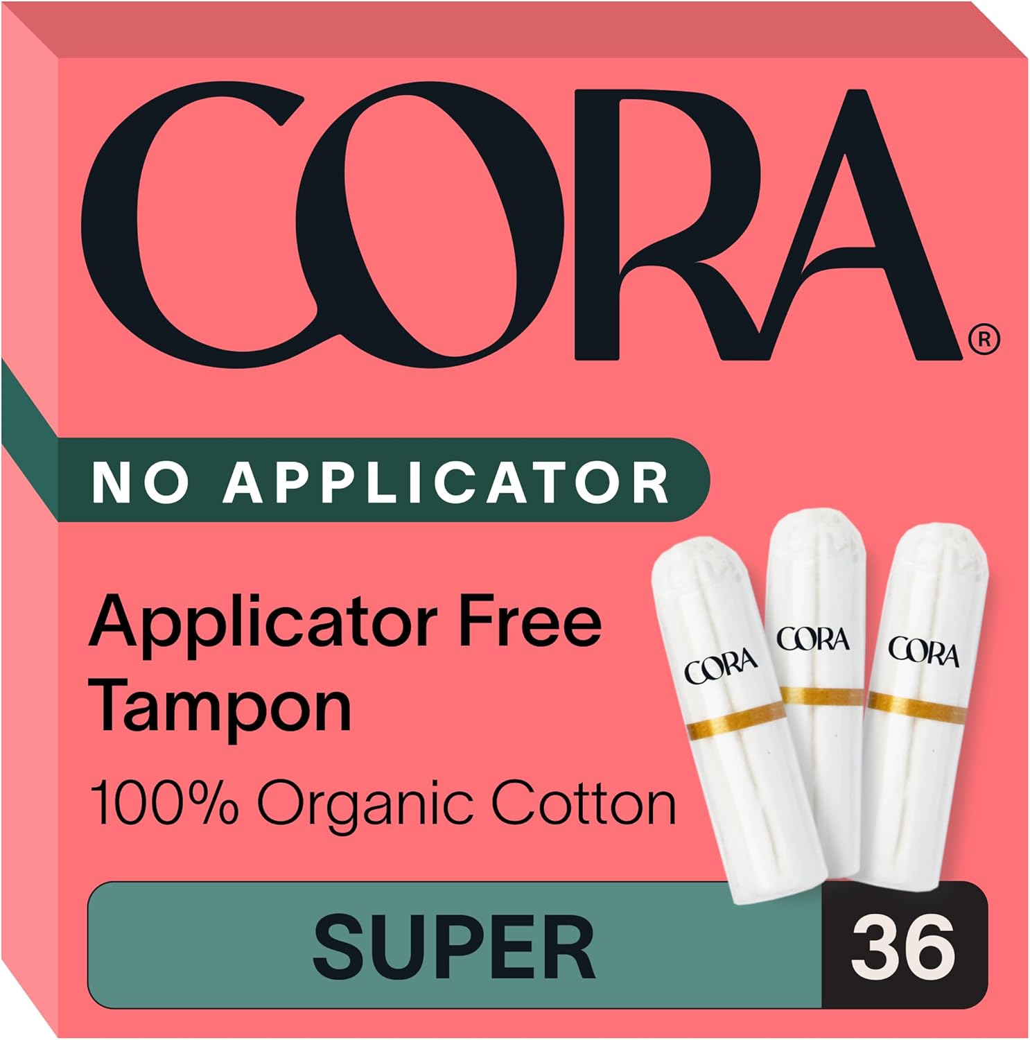 Cora Organic Non-Applicator Tampons 36 Super count front box view