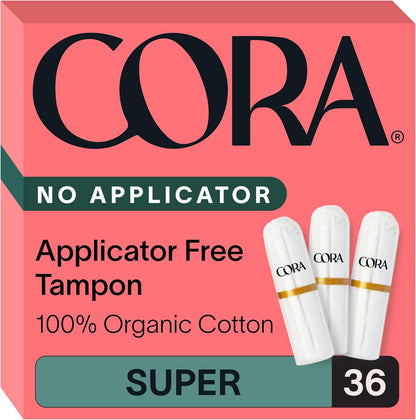 Cora Organic Non-Applicator Tampons 36 Super count front box view