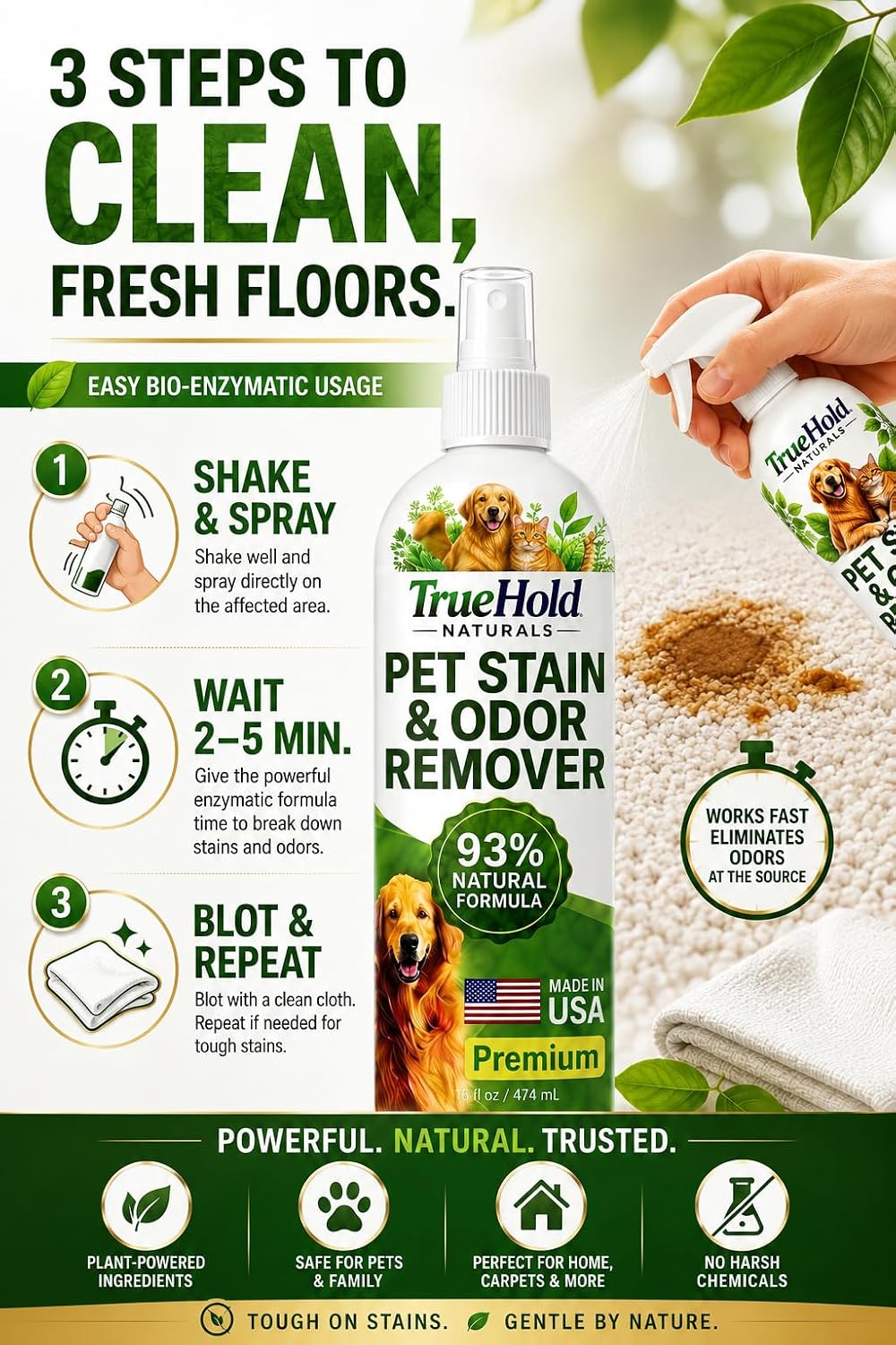 Pet stain and odor miracle spray bottle used on sofa upholstery