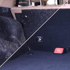 Lilly Brush pet hair remover being used on a car carpet to extract embedded dog fur.