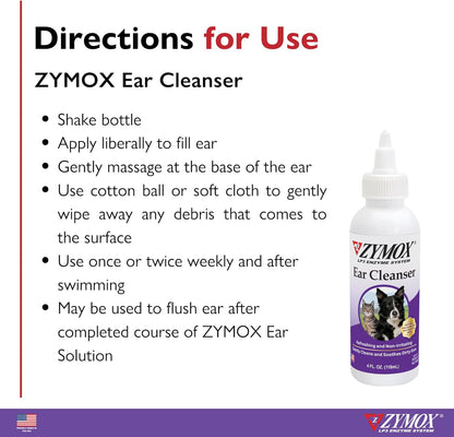 Close up of Zymox pet ear cleaning solution label