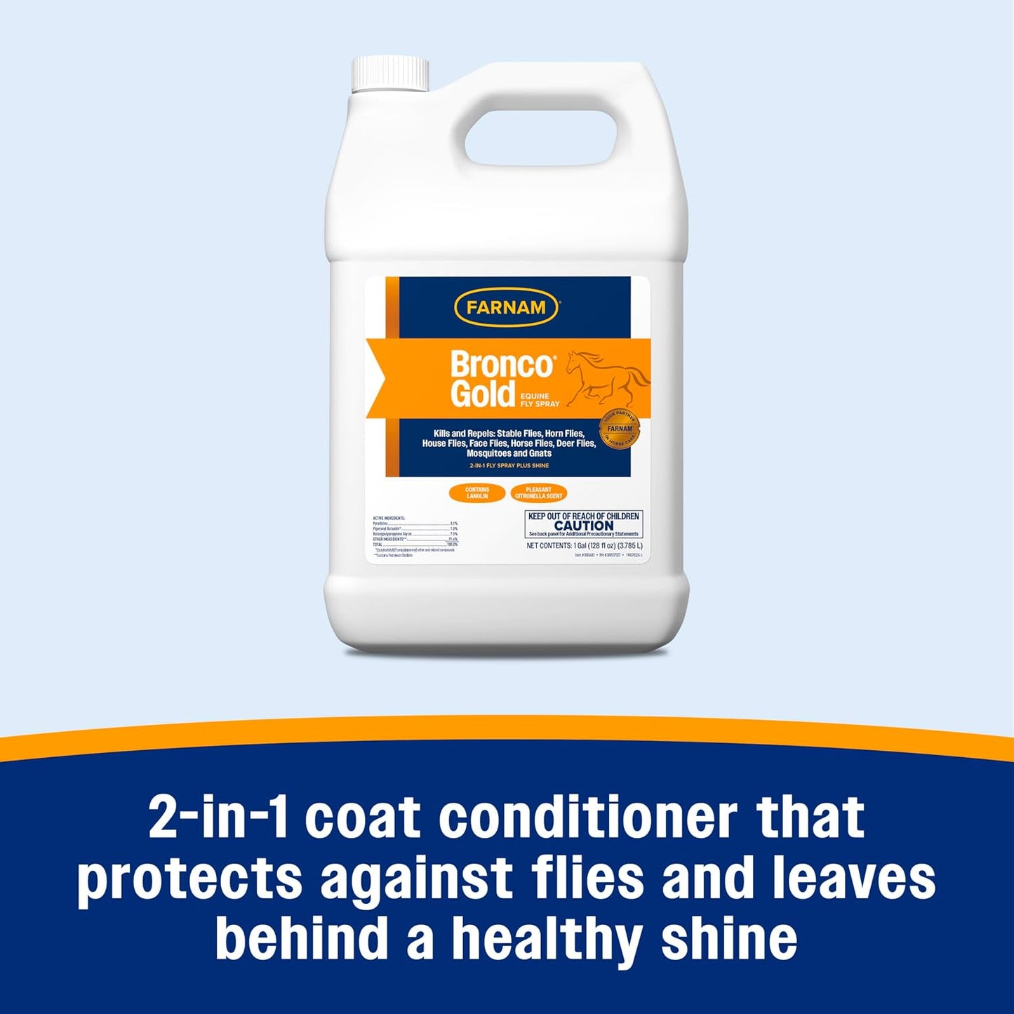 Farnam Bronco Gold 2 in 1 fly spray and coat conditioner gallon refill packaging