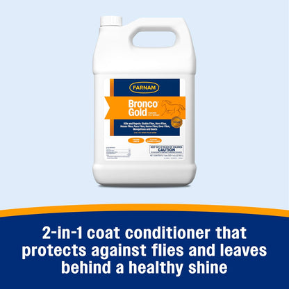 Farnam Bronco Gold 2 in 1 fly spray and coat conditioner gallon refill packaging