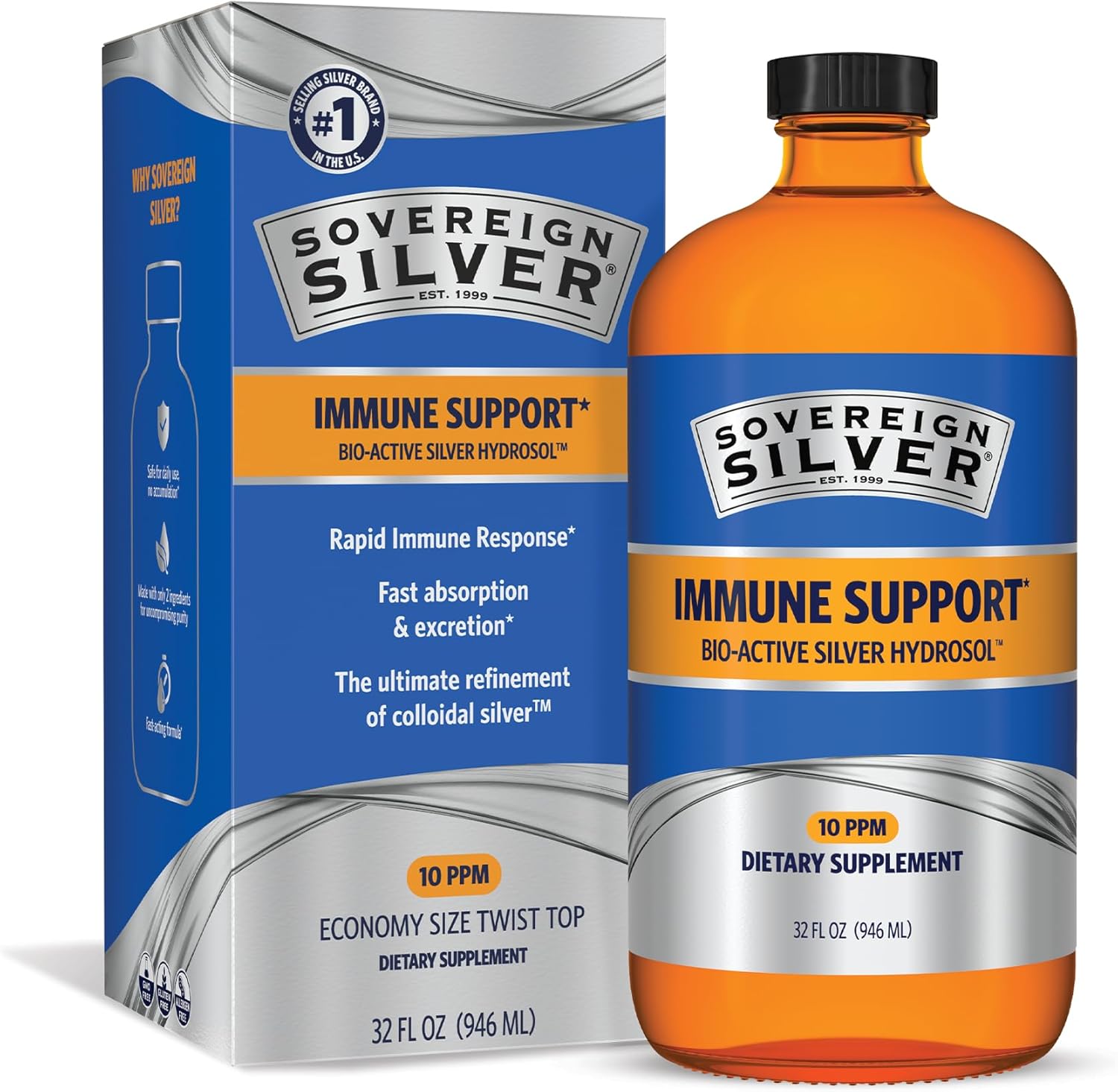 Sovereign Silver Immune Support 32 fluid ounce front view bottle for natural wellness.