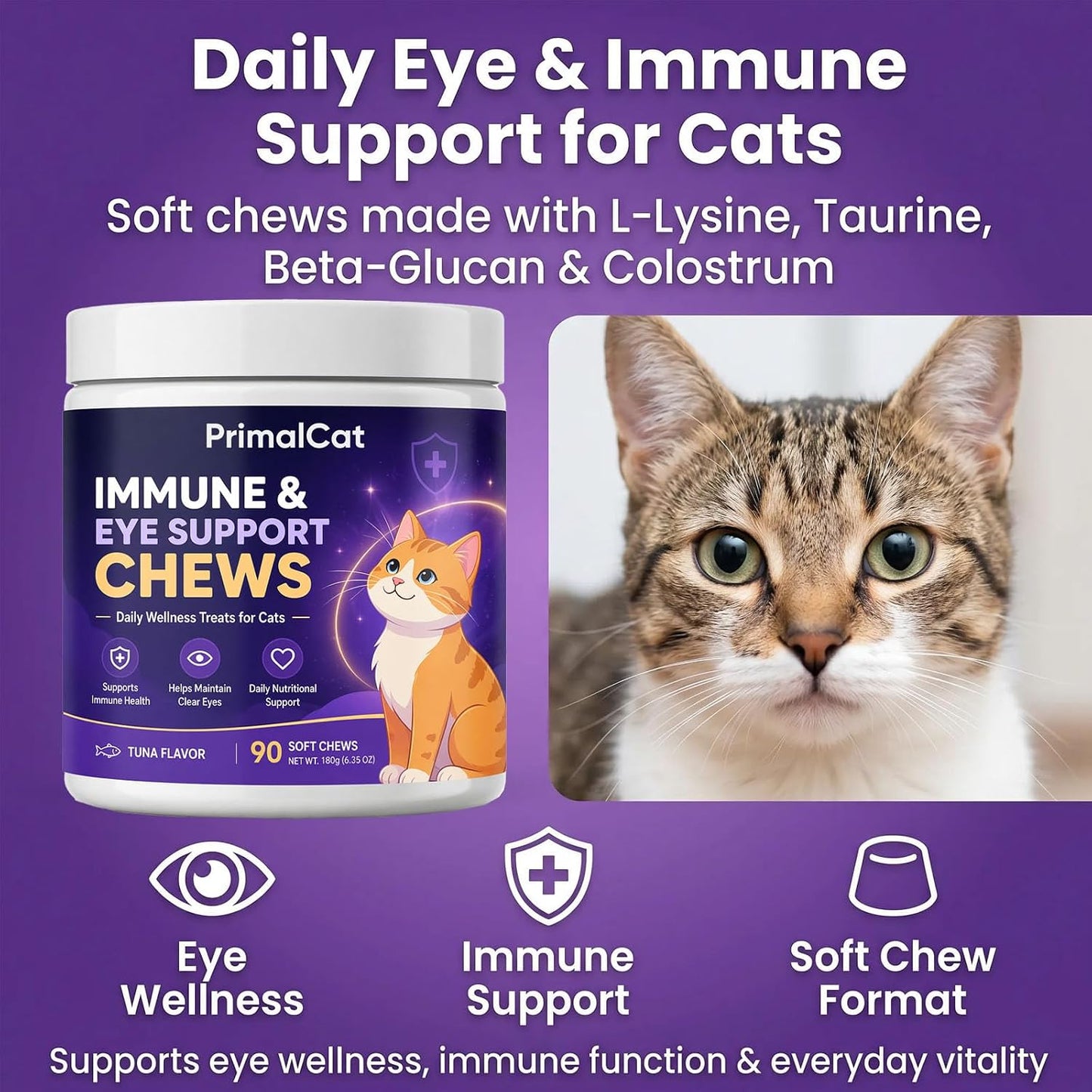 PrimalCat cat supplement packaging showing L-Lysine and Taurine ingredient specifications.