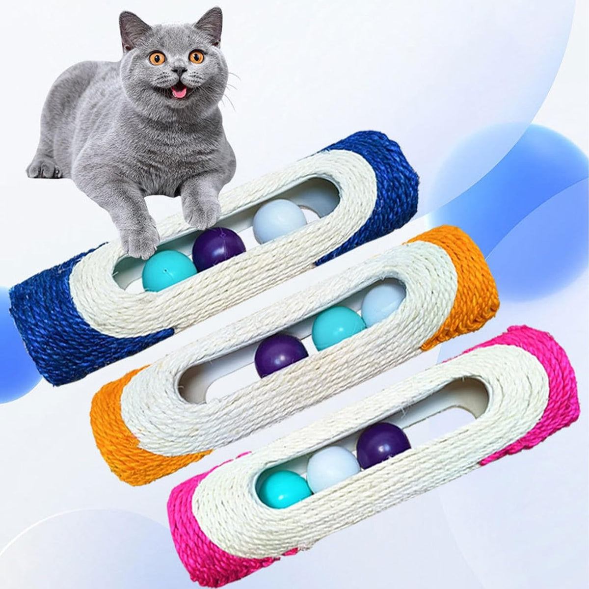 MooGlamor rolling cat scratcher toy positioned on living room floor showing furniture protection utility.