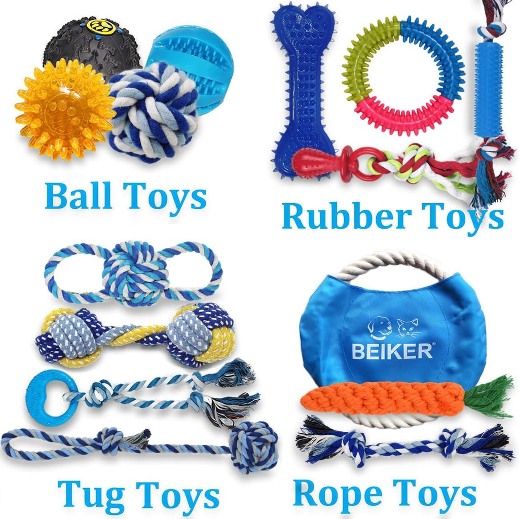 Beiker dog rope chew toys and natural rubber teething rings set