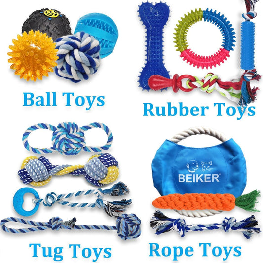 Beiker dog rope chew toys and natural rubber teething rings set