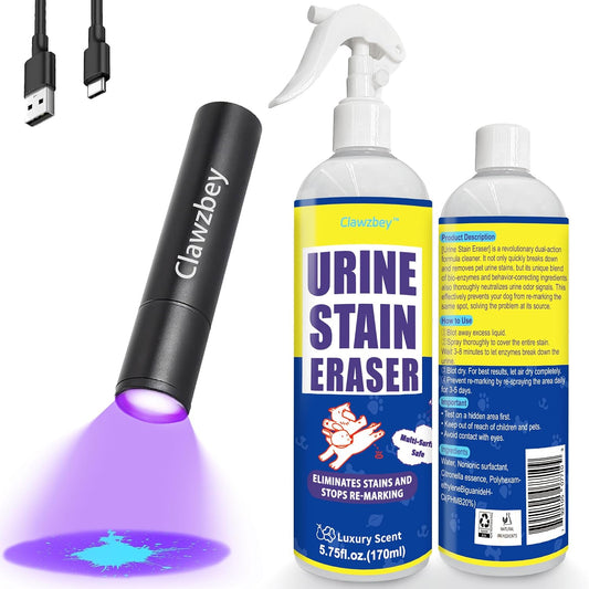 Clawzbey Pet Stain and Odor Remover Kit front view showcasing the spray bottle and UV flashlight