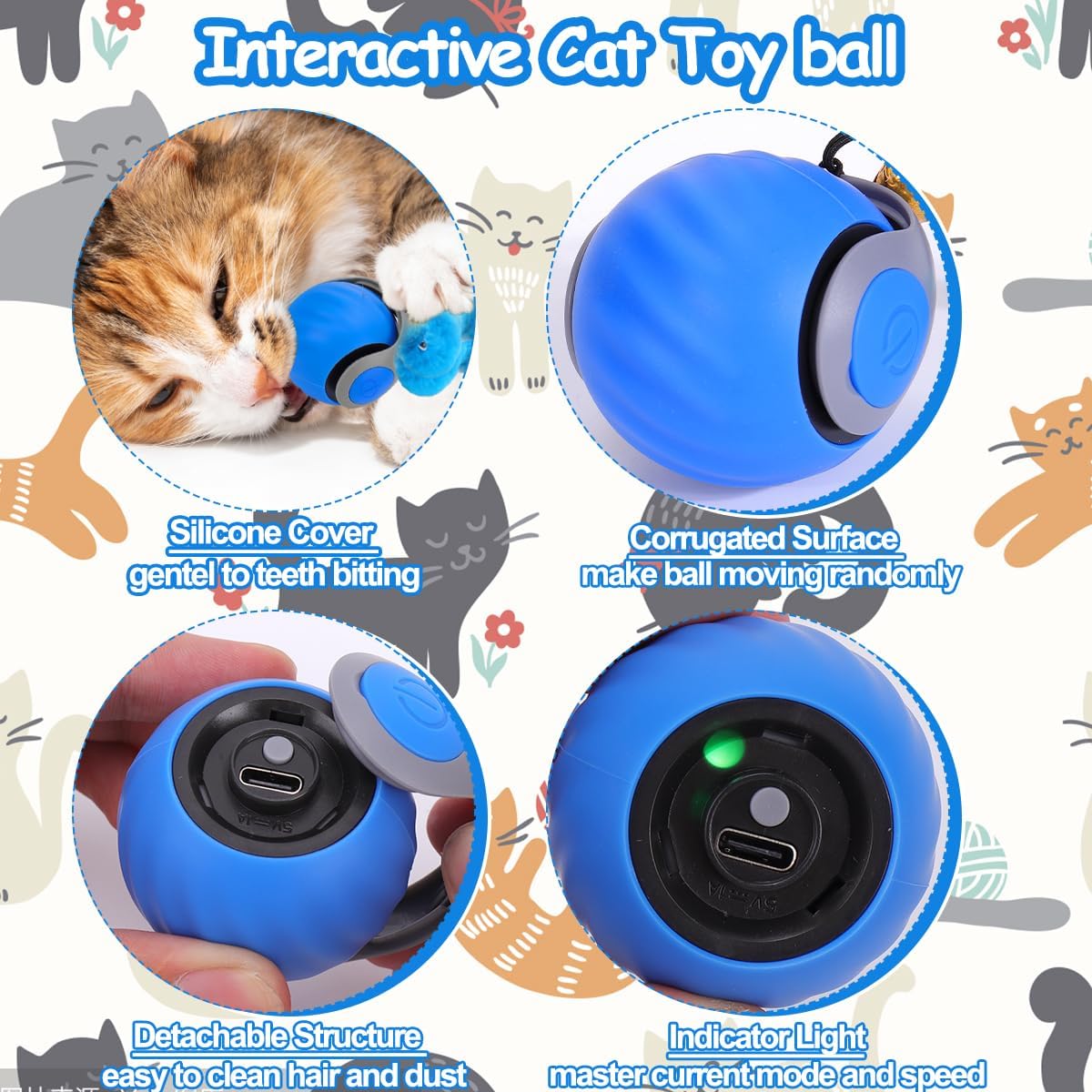 Action shot of an indoor cat chasing the blue speedy smart rolling toy ball during active playtime.