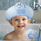 TinyGuardian Baby Shower Cap Shield front view showing the blue dinosaur design for comfortable kid bathing.