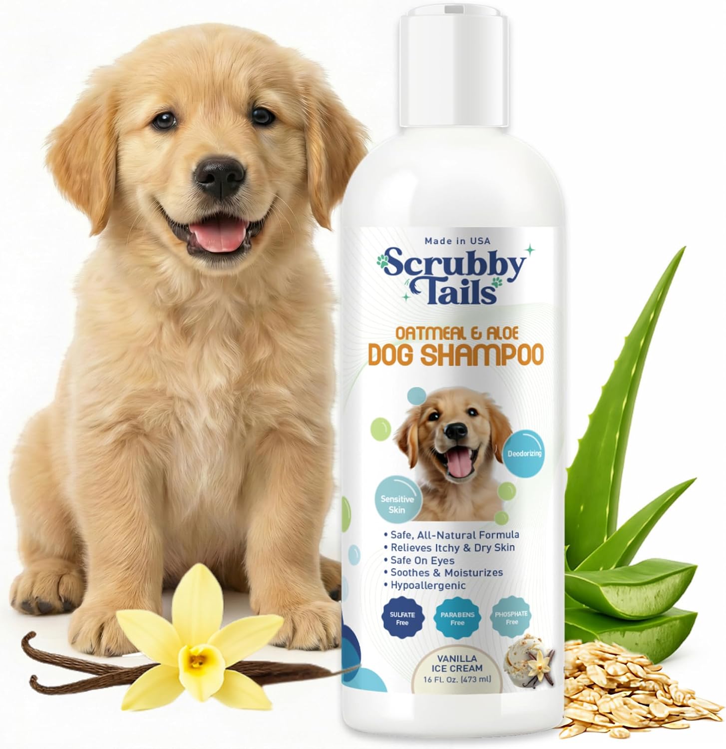 Scrubby Tails Oatmeal Puppy Shampoo front bottle view